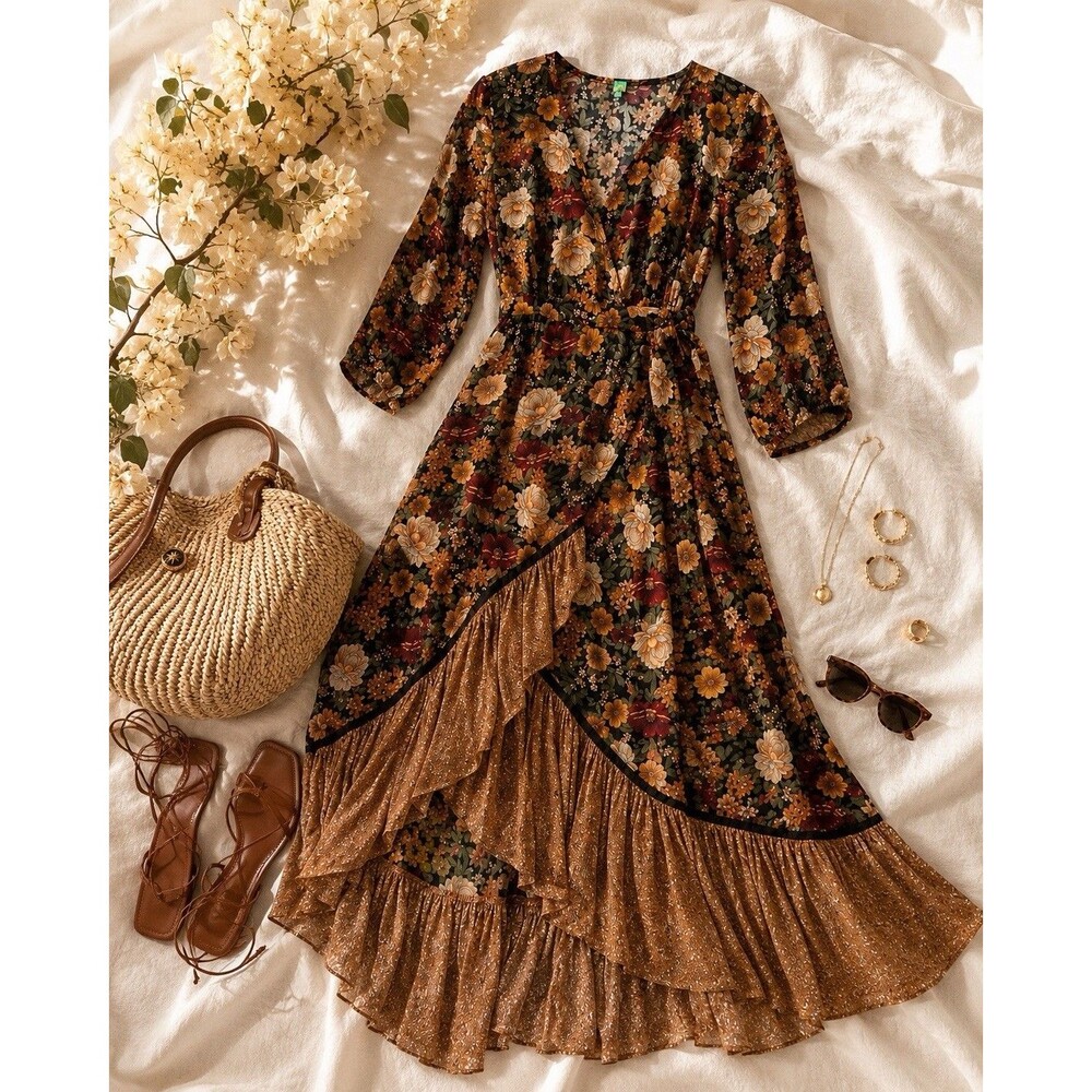 Farm Rio Dark Floral Wrap Maxi Dress XS-S Boho Romantic